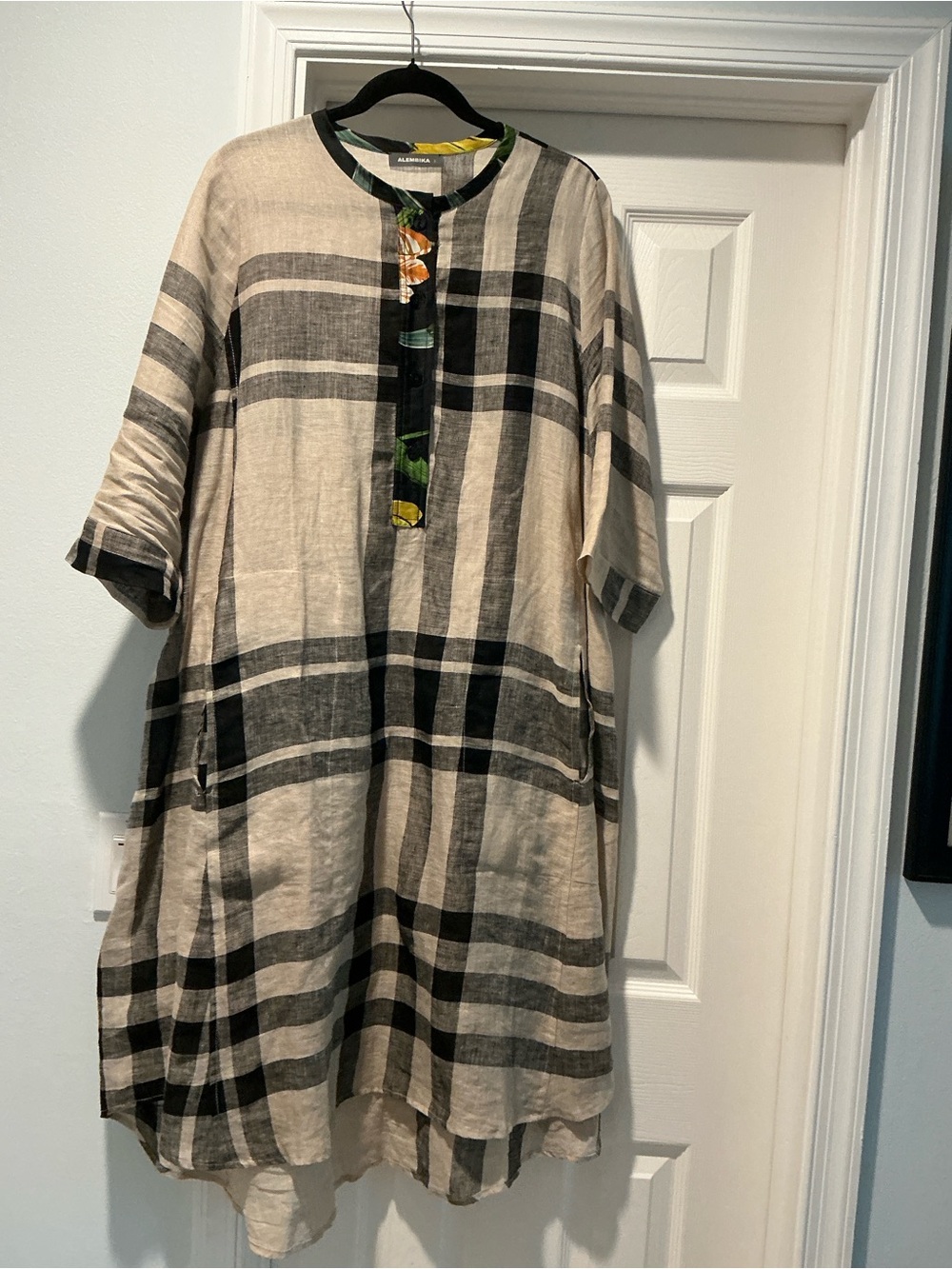 Alembika Dress Size 3 Large 10-12 US Plaid Linen Pockets Lagenlook